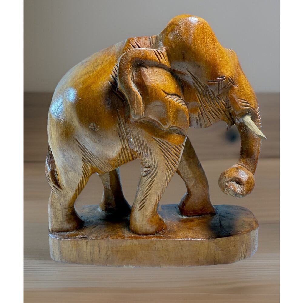 Elephant Wood Hand Carved Solid One Piece With Base Wood Tusks Figurine Decor
